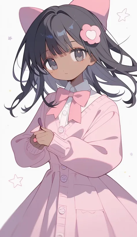 1girl,solo,core_9,score_8_up,score_7_up,Expressiveh,rating_safe,(masterpiece, best quality), 

straight hair,straight bangs,dark skin,black eyes,pastel pink long skirt,pink crocs,pastel pink cardigan with buttons and bow,pink bow on hair,black hair,black h...