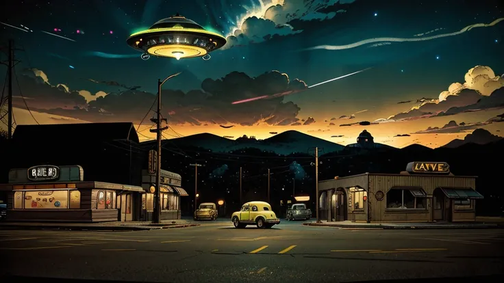 a ufo sighting in 1950s small town, UFO, flying saucer, ufo sighting, popping colors, contrast, detailed realistic cinematic scene, cinematic lighting, dramatic sky with clouds, abandoned vintage car, old-fashioned buildings, neon signs, 1950s era atmosphe...