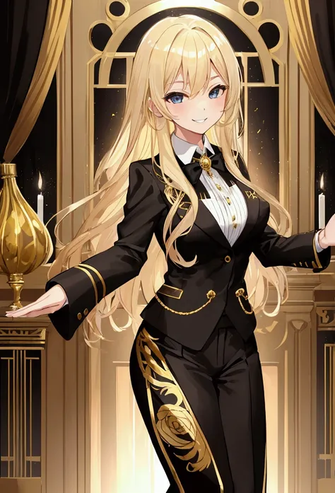 Young, blonde haired girl, medium breasts, black and gold suit and tie, at dance, smiling, smile