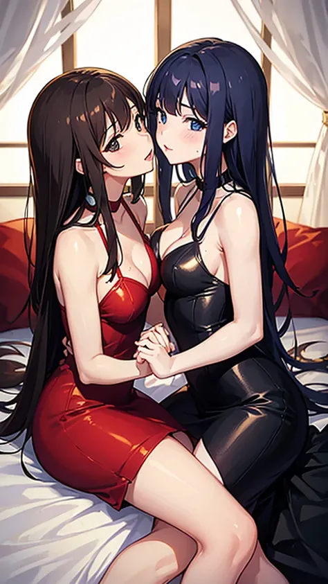 Two girls in sexy outfits、Tight dress、Lesbians sitting on each other in bed and kissing、Sexy wet dress 