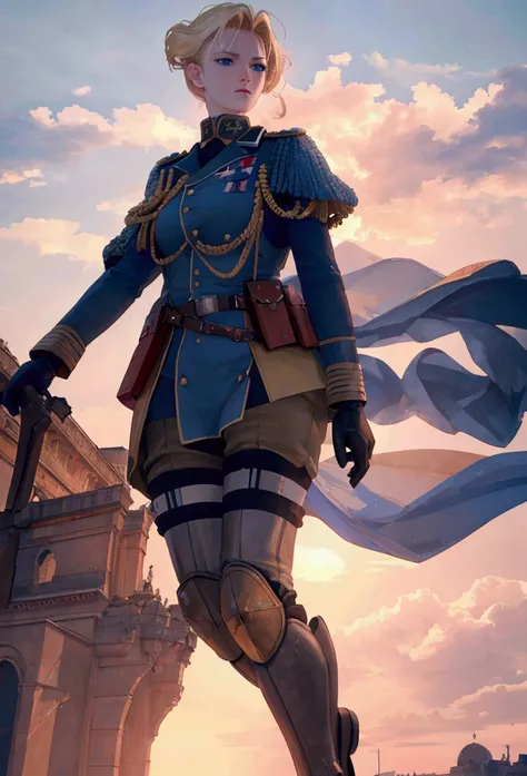 A beautiful 20-year-old female military leader, with blonde hair and blue eyes, proudly raising a magnificent French flag towards the sky, set on a battlefield, (best quality,4k,8k,highres,masterpiece:1.2),ultra-detailed,(realistic,photorealistic,photo-rea...