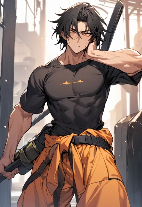 Sasae Hatsushimi. is a young man with messy, shoulder-length black hair that partially hangs in front of his face and half-opened orange eyes. With a cool and cold face with a strong gaze. he has a moderate athletic build, and His attire consists of a tigh...