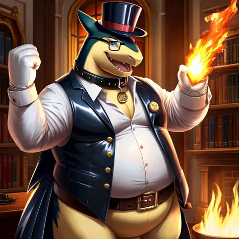 Solo, Male, fat, extremely obese, gentleman, dapper Professor Typhlosion, mob boss, blue eyes, (posing:1.3), (soft shading), 4k, hi res, ((detailed face, detailed)), steampunk, looking at viewer, mouth wide open, dapper clothing, collared shirt with button...