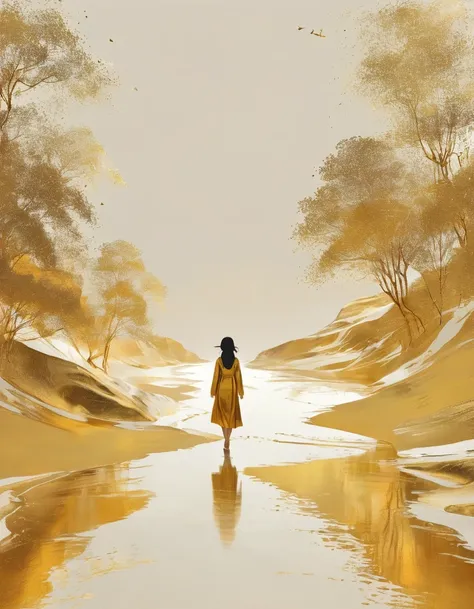 a Minimalist journey，gold，1girl，illustration