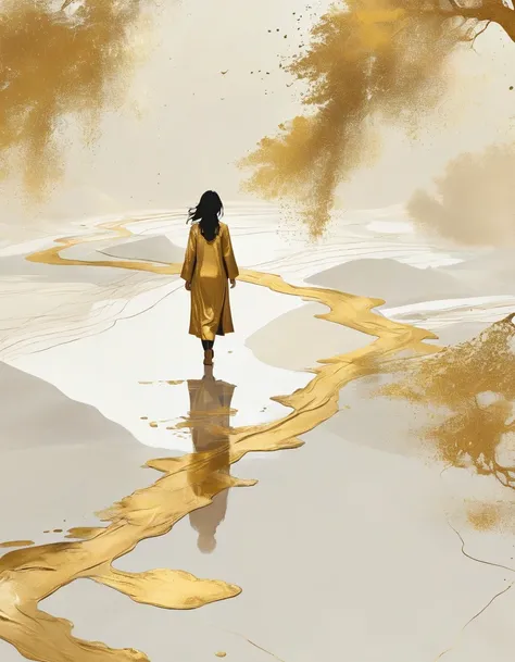 a Minimalist journey，gold，1girl，illustration