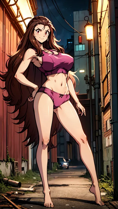 ((Masterpiece)), ((best quality)), very detailed, Detailed background, 1 woman, wavy brown hair, conjunctivitis, sly face , smile , tank top, pink panties , abdomen, big breasts , Long legs , stand on your hips... , Barefoot , abandoned factory, at night