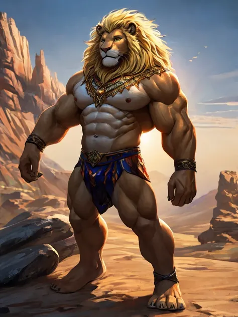 (Best Quality, ultra-independent) Male lion with a very thick blonde mane., gold eyes, and a slightly muscular body, adorned with very marked abs. Stands confidently with his feet in the desert., the warm sunlight casting a golden hue on his body. , creati...