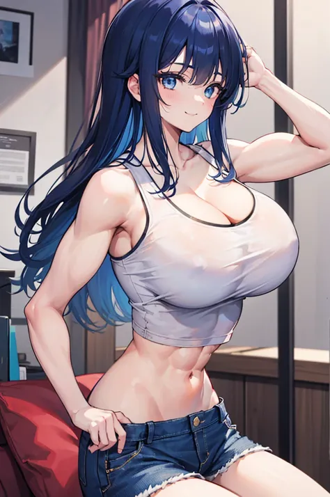 1girl, solo, (blue hair, blue eyes, long hair, bangs:1.0), (huge breasts, muscular shoulders, muscular arms, narrow waist, petite:1.1), (white shirt, cleavage, bare shoulders, bare arms, bare legs, denim shorts, midriff peek:1.0), light smile, indoors,