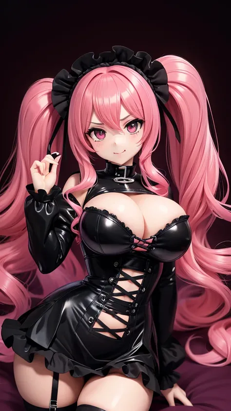 Erotic、Pink Hair、Curly hair twin tails、Big Breasts、Gothic Lolita、Tight waist、Pink and black latex dress　Pink line、Evil female executive、tall、sexy、Erotic Sneer、lure、Alluring、Pitch black background、Dark bedroom at night