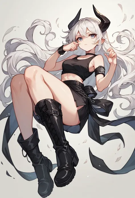 Anime best quality White girl, LONG white hair, black tank top, Black Skirt, black high boots, black armbands , small black horns