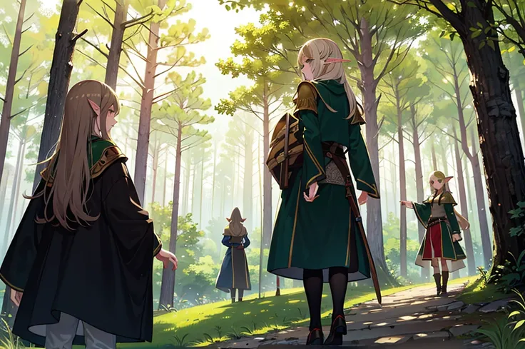 elves, green, blonde, white and brown hair, warriors, elves, anime, medieval city of elves. nature, forests, city in the forest.