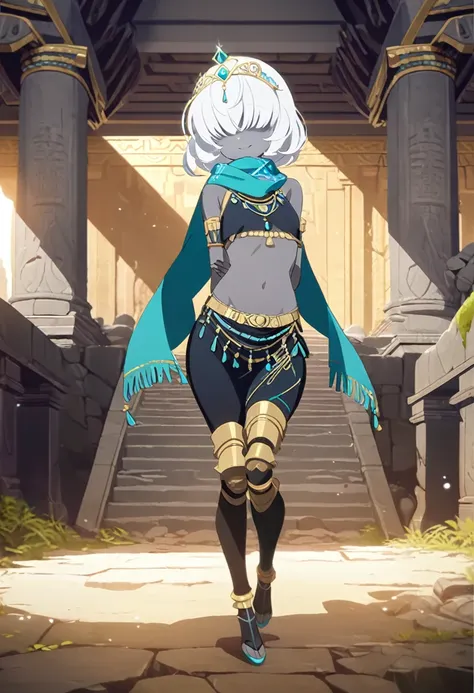 1girl, gold rings, green scarf, jewelry, necklacke, white hair, very short hair, hair over eyes, grey skin, aqua eyes, black tribal clothing, sleeveless, navel, yellow veil around the arms, turquoise tiara, tribal tiara, smile, ancient temple, prosthetic l...