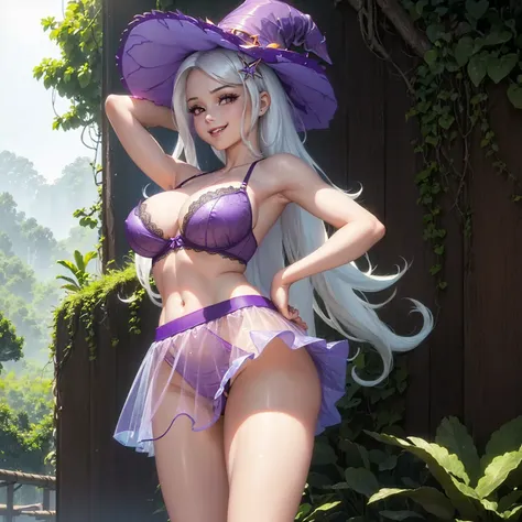 (((beautiful female body))),(((trixie as a sweet charming hot seductive horny model))), (((very long blue white hair))) ,(((stand hands behind head)))), (((outdoor))),(((jungle in background))),(((lewd and erotic posing))), (((happy wicked smile))) ,(((wea...