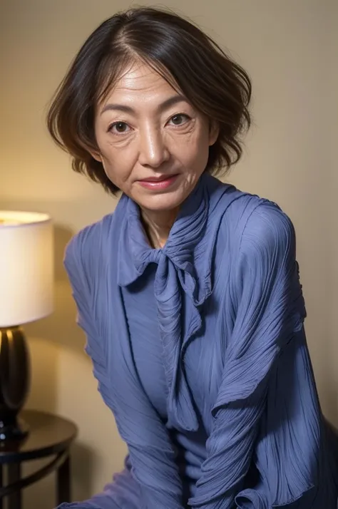 Japanese Mature, Grandmother,(alone), 65 years old, (Wrinkles around the eyes:1.6), Mature Woman, sexy, Curly perm hairstyle, Pure white skin, Looking at the audience、Small breasts, Wearing a navy blue suit, Black Pantyhose, smile, Sitting on a hotel bed、P...