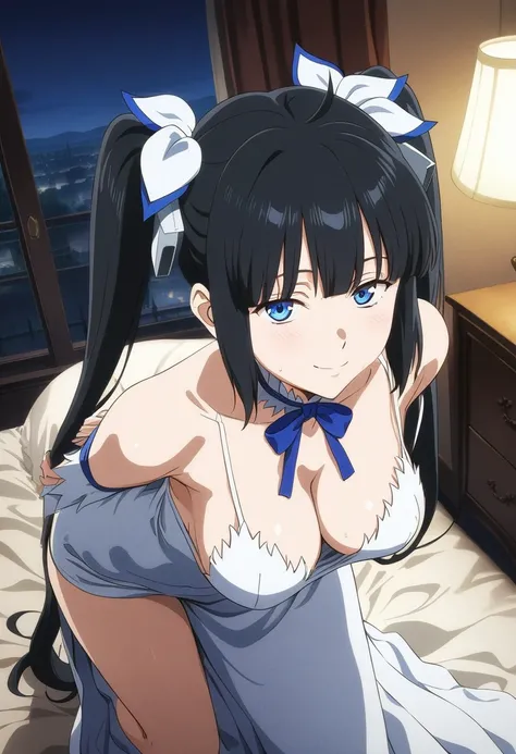 best quality, amazing quality, very aesthetic, absurdres, (1girl, hestia (danmachi),hestia (danmachi),long hair,blue ribbon,twintails, solo, big breasts),(gown:1.8), (smile, night, thigh:1.3), (cowboy shot), (glowing eyes), (half closed eyes:0.9), (from ab...