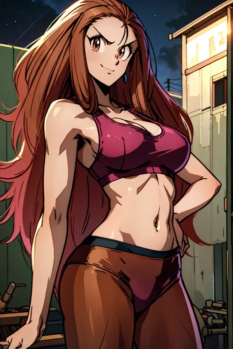 ((Masterpiece)), ((best quality)), very detailed, Detailed background, 1 woman, wavy brown hair, conjunctivitis, sly face , smile , tank top, pink bikini , abdomen, big breasts , stand on your hips , abandoned factory, at night