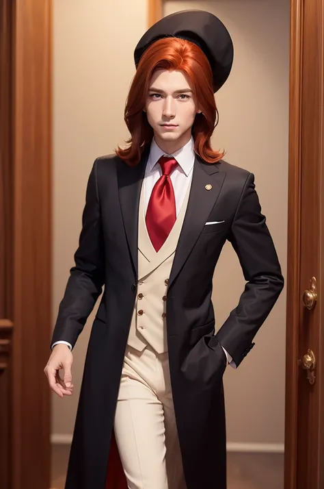 Create cartoon , Disney  style, redheadwear, in formal clothes for a councilor.
fine nose, eyes browns, shoulder length straight hair.