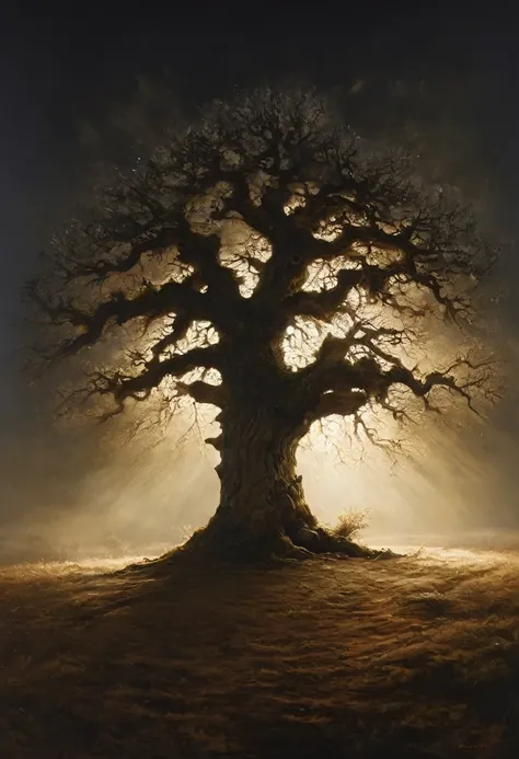 painting of a lonely old oak, cinematic scene, volumetric lights, ultra realistic, in the style of nicola samori