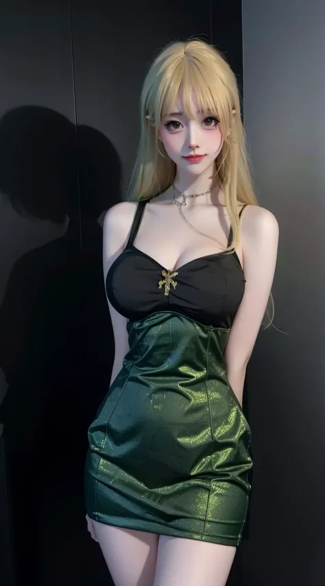 8K, hyper realisitc, tmasterpiece, Best quality at best, ultra - detailed, A high resolution, green dres, Random background, 1个Giant Breast Girl, (:1.5), Willow waist, Wide hips, knees, the night , s, choker necklace 