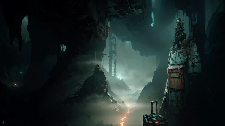 there is a woman standing in a cave with a knife and a backpack, matte painting of steam machines, detailed atmospheric and gritty, eerie nostalgic concept art, background artwork, dramatic concept art, soma game art style, inspired by Ismail Inceoglu, chr...