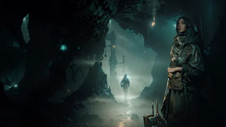 there is a woman standing in a cave with a knife and a backpack, matte painting of steam machines, detailed atmospheric and gritty, eerie nostalgic concept art, background artwork, dramatic concept art, soma game art style, inspired by Ismail Inceoglu, chr...