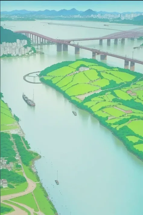 anime scene of a river with a bridge and a city in the background, anime countryside landscape, anime landscape, river in the background, anime scenery, screenshot from guro anime, rio de janeiro in an anime film, from akira ( 1 9 8 8 ) style, anime screen...