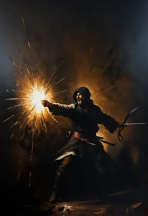 painting of a attack. Inspiration, cinematic scene, volumetric lights, ultra realistic, in the style of nicola samori