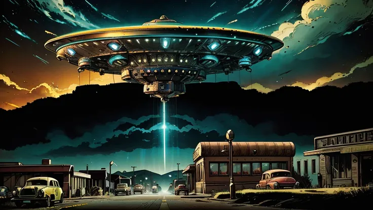 a ufo sighting in 1950s small town, UFO, flying saucer, ufo sighting, popping colors, contrast, detailed realistic cinematic scene, cinematic lighting, dramatic sky with clouds, abandoned vintage car, old-fashioned buildings, neon signs, 1950s era atmosphe...