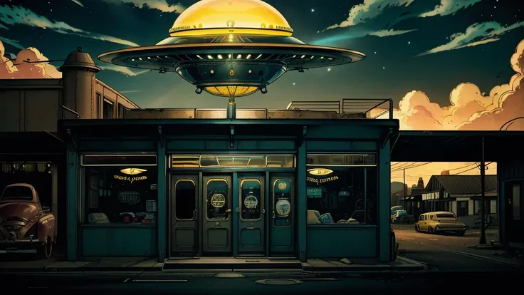 a ufo sighting in 1950s small town, UFO, flying saucer, ufo sighting, popping colors, contrast, detailed realistic cinematic scene, cinematic lighting, dramatic sky with clouds, abandoned vintage car, old-fashioned buildings, neon signs, 1950s era atmosphe...