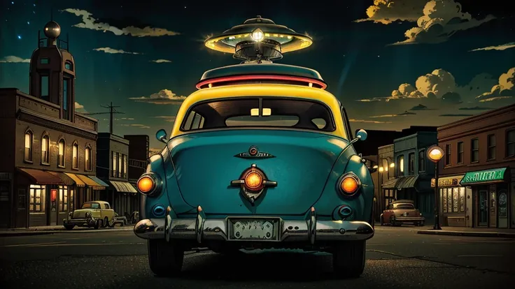 a ufo sighting in 1950s small town, UFO, flying saucer, ufo sighting, popping colors, contrast, detailed realistic cinematic scene, cinematic lighting, dramatic sky with clouds, abandoned vintage car, old-fashioned buildings, neon signs, 1950s era atmosphe...