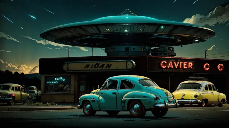 a ufo sighting in 1950s small town, UFO, flying saucer, ufo sighting, popping colors, contrast, detailed realistic cinematic scene, cinematic lighting, dramatic sky with clouds, abandoned vintage car, old-fashioned buildings, neon signs, 1950s era atmosphe...