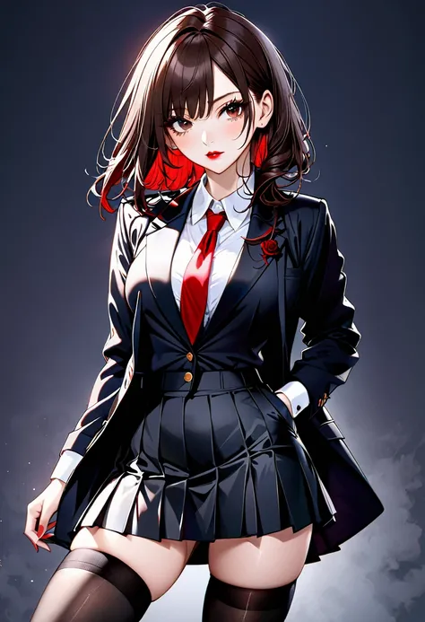 dark academia style, shirt tucked into short high-waisted skirt, stockings, dark academia blazer over shirt, black Maryjane high heels, red lipstick, dark eyeshadow, beautiful brunette
