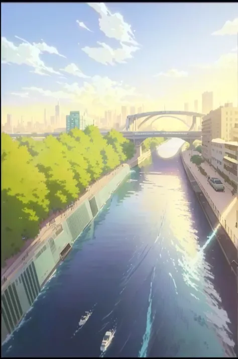 there is a picture of a river running through a city, anime scenery, style of makoto shinkai, anime background art, anime scenery concept art, beautiful anime scenery, anime background, makoto shinkai style, in style of makoto shinkai, beautiful anime scen...