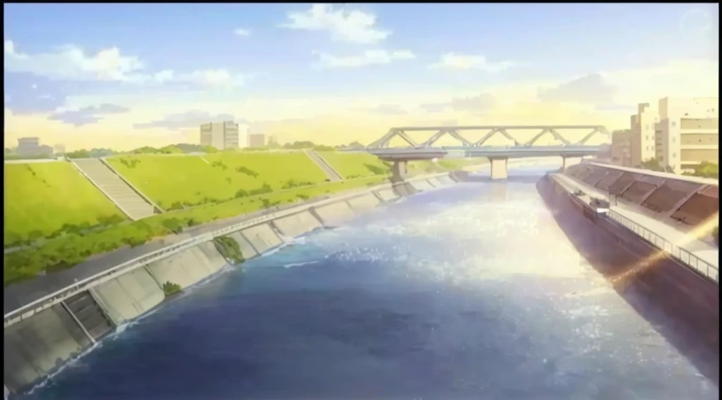 there is a picture of a river running through a city, anime scenery, style of makoto shinkai, anime background art, anime scenery concept art, beautiful anime scenery, anime background, makoto shinkai style, in style of makoto shinkai, beautiful anime scen...