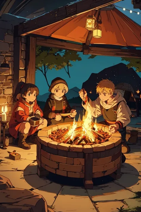 environment with cooking in a cave rpg with pans on the floor with food and sleeping bags with torches, candles and bonfires red...