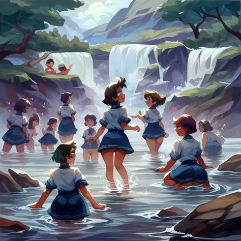 realistic watercolor painting world。15 russian schoolgirls wear school swimsuits at a mountain waterfall、(((playing in the water...