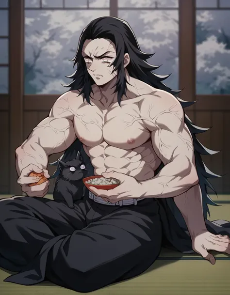 black long haired muscular man holding a black kitten, sitting on a tatami, with a serious look, the last kimetsu no yaiba