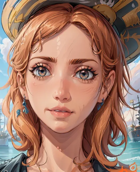 realistic portrait of nami from one piece, extremely detailed face, beautiful detailed eyes, beautiful detailed lips, long eyela...