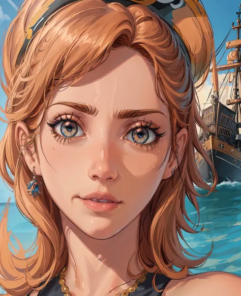 realistic portrait of nami from one piece, extremely detailed face, beautiful detailed eyes, beautiful detailed lips, long eyela...