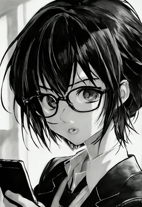 anime with black hair and glasses holding a cell phone, ahegao face, black and white manga style, detailed anime face, ahegao, d...