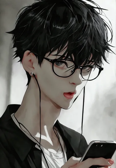 anime with black hair and glasses holding a cell phone, ahegao face, black and white manga style, detailed anime face, ahegao, d...