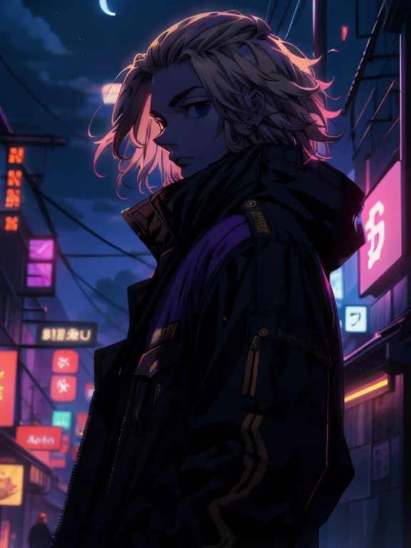 depth of field, sharp detail, best quality, looking at viewer, 1boy, solo, male focus, manjirou_sano, blonde hair, black eyes,purple jaket,neon jaket,old town,night time,moon rise ,Mikey