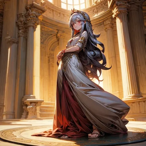 1childern girl, full body version, 1character, red eyes, long haircut, silver colour hair, ancient roman clothing, long dress cl...