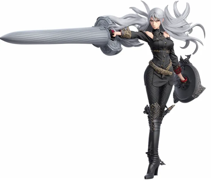 selvaria , drill sword, shield, sword, metal weapons, black shirt, bare shoulders, detached sleeves, belt, black pants, black gloves, high heel boots, 3d , render