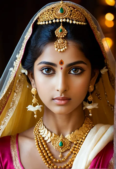 Radiant Complexion: Often described as having a molten gold complexion, symbolizing her divine nature and purity. Captivating Eyes: Large, expressive eyes that reflect a depth of love and devotion towards Krishna. They are often compared to lotuses. Delica...