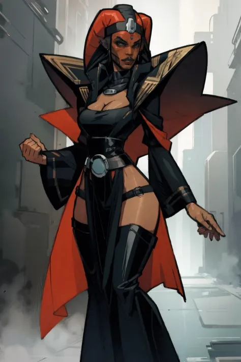 Brutal Red Skin Twilek with huge breasts wearing futuristic ((sleek (black) tunic)), robes, cowl, cape, huge breasts, slim hips, small waist, full-body shot, cleavage