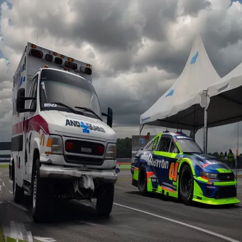 There are two cars parked next to each other 1 ambulance., un head-on, motorsport photography, disparo HdR, Photo HDR, nascar, en una pista de careers, nascar race, Photo HDRgraph, Color HDR, careers, Daytoner, by, Edited, HdR, &quot;plano general, still p...