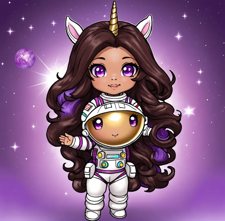 (((chibi:1.2))), 1girl,solo, high quality, dark brown long curly hair, tan skin, purple eyecolor, astronaut helmet, unicorn plus...