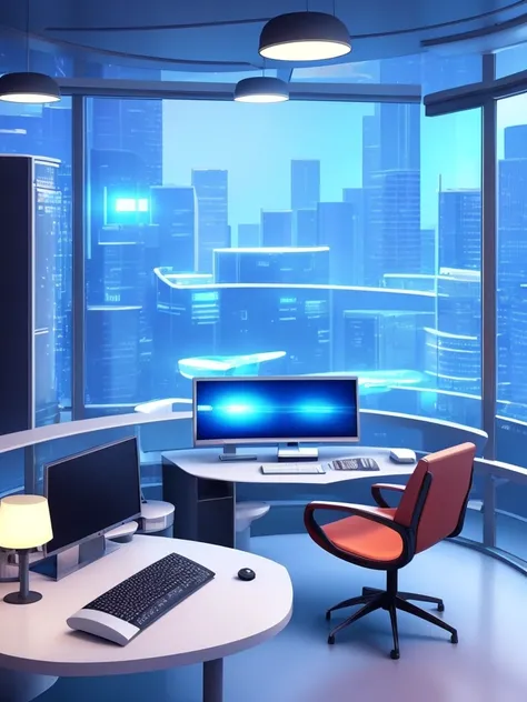 there is a computer desk with a monitor and a chair in front of a window, futuristic room background, retro futuristic apartment, futuristic room, futuristic interior, desktopography, futuristic. game cg, futuristic decor, photograph of 3d ios room, cgsoci...