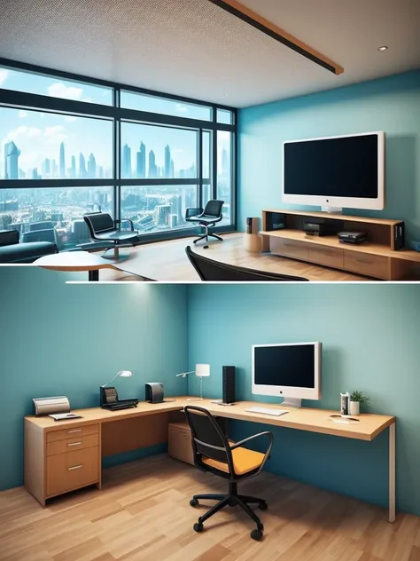 there is a computer desk with a monitor and a chair in front of a window, futuristic room background, retro futuristic apartment, futuristic room, futuristic interior, desktopography, futuristic. game cg, futuristic decor, photograph of 3d ios room, cgsoci...